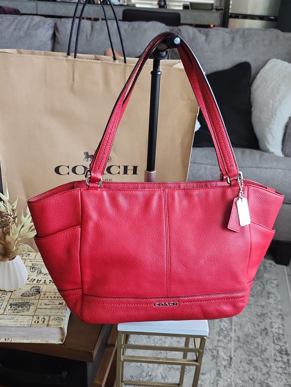 COACH Red Pebbled Leather Park Carrie Tote Shoulder Bag - Very Good